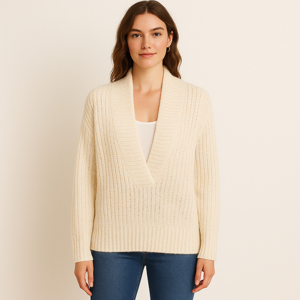 Anthro Pilcro Joyce Cable Knit Sweater S Ivory V Neck Chunky Slouchy